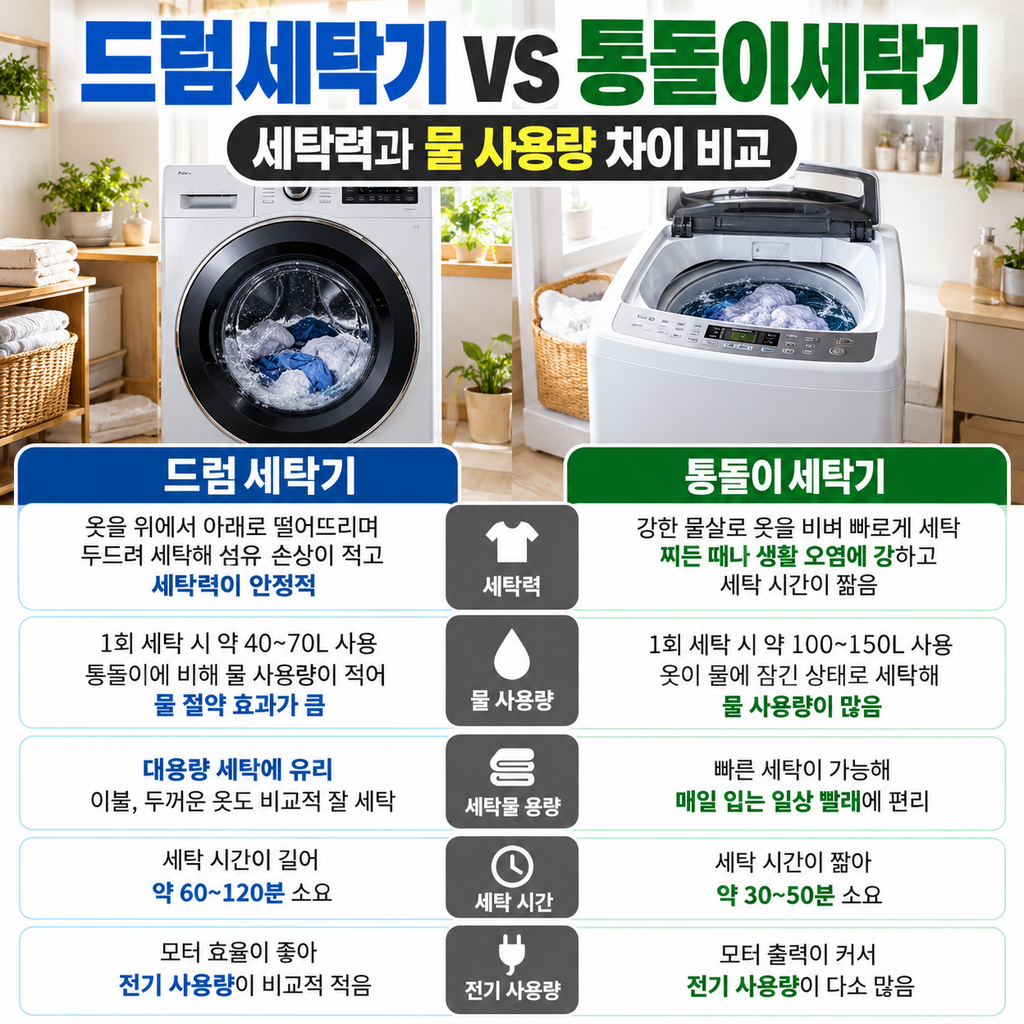 드럼세탁기 통돌이 세탁기 차이와 세탁 방식 비교