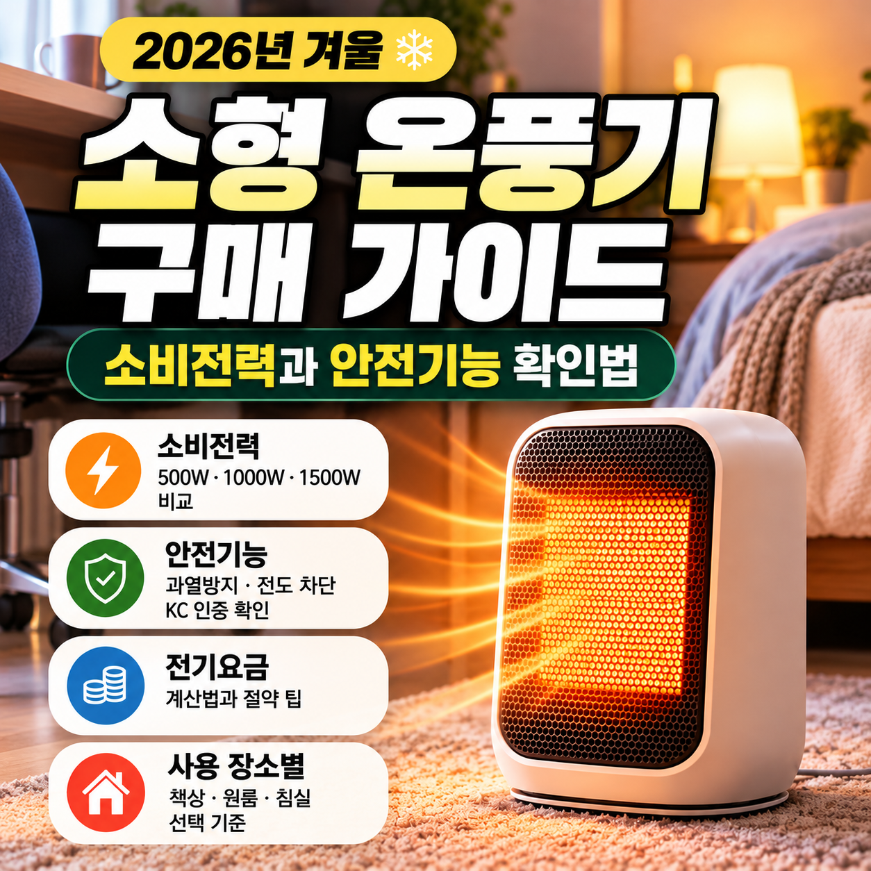 2026년 소형 온풍기 구매 가이드 썸네일, 소비전력 비교와 과열방지 및 전도 차단 안전기능 확인법